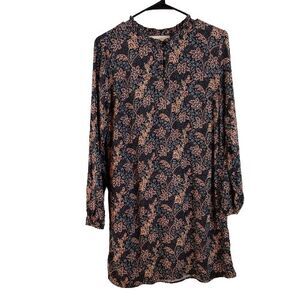 LOFT PETITES SP Black Floral Button Up Long Sleeve Dress Ruffled Collar